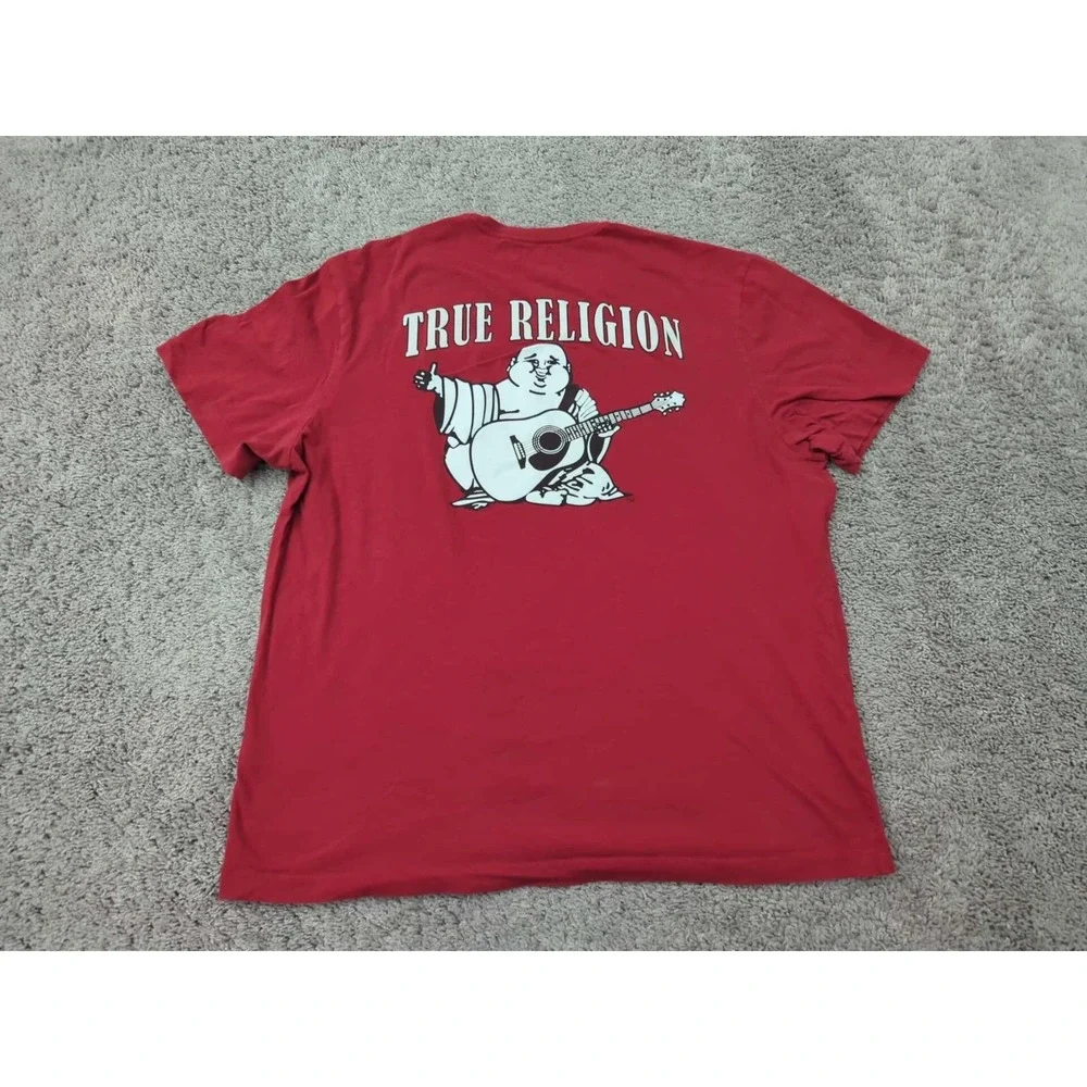 True Religion T Shirt Mens L Red Short‎ Sleeve Buddha Guitar Back Print Relaxed